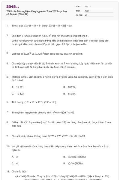 7881 câu  Trắc nghiệm tổng hợp môn Toán 2023 cực hay có đáp án (Phần 32)