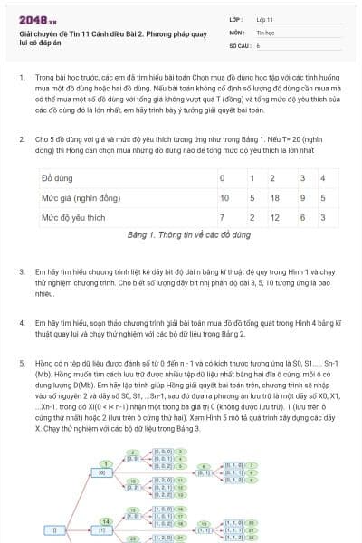 Giải chuyên đề Tin 11 Cánh diều Bài 2. Phương pháp quay lui có đáp án