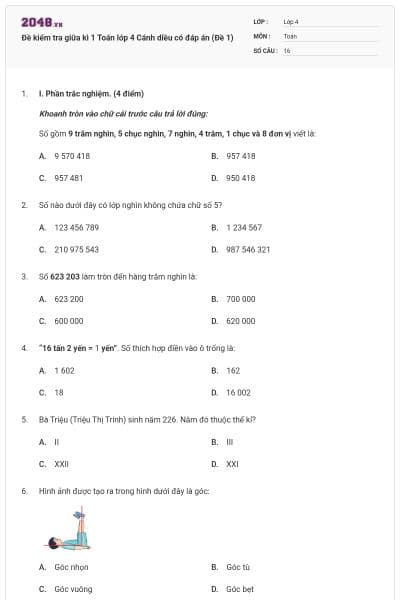 Đề kiểm tra giữa kì 1 Toán lớp 4 Cánh diều có đáp án (Đề 1)