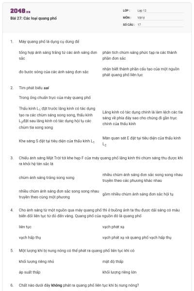 Bài 27: Các loại quang phổ