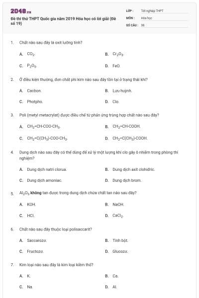 Đề thi thử THPT Quốc gia năm 2019 Hóa học có lời giải (Đề số 19)
