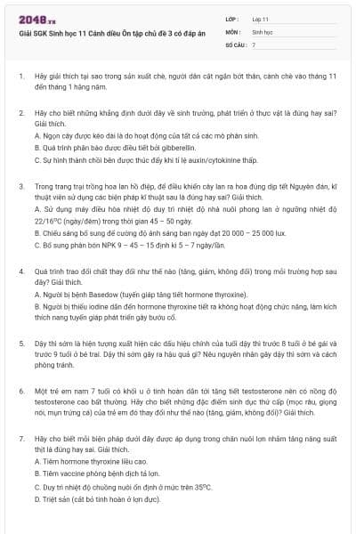 Giải SGK Sinh học 11 Cánh diều Ôn tập chủ đề 3 có đáp án