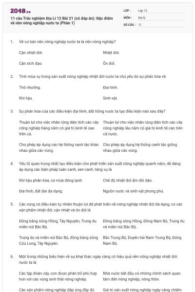 11 câu Trắc nghiệm Địa Lí 12 Bài 21 (có đáp án): Đặc điểm về nền nông nghiệp nước ta (Phần 1)