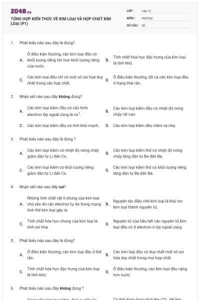 TỔNG HỢP KIẾN THỨC VỀ KIM LOẠI  VÀ HỢP CHẤT KIM LOẠI (P1)