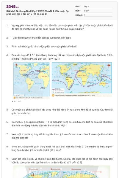 Giải chủ đề chung Địa lí lớp 7 CTST Chủ đề 1. Các cuộc đại phát kiến địa lí thế kỉ 15- 16 có đáp án
