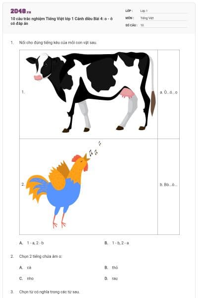 10 câu trắc nghiệm Tiếng Việt lớp 1 Cánh diều Bài 4: o - ô có đáp án