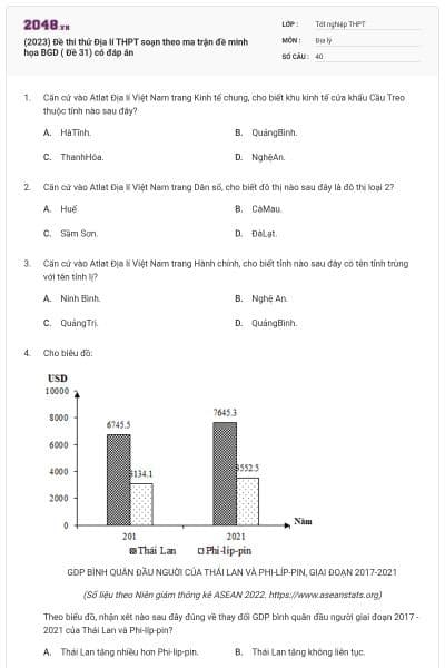 (2023) Đề thi thử Địa lí THPT soạn theo ma trận đề minh họa BGD ( Đề 31) có đáp án