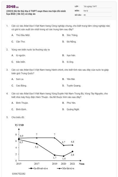 (2023) Đề thi thử Địa lí THPT soạn theo ma trận đề minh họa BGD ( Đề 32) có đáp án