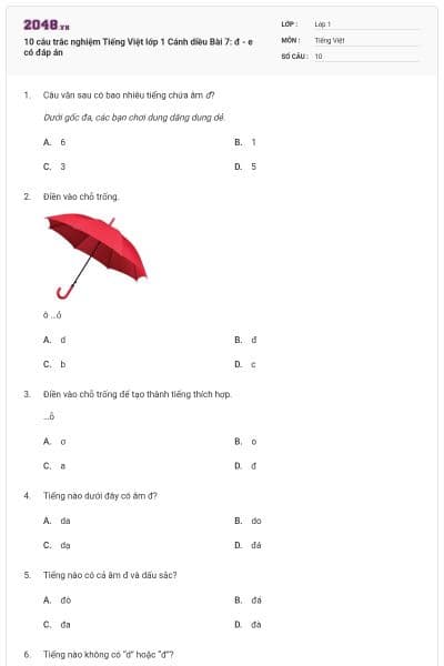 10 câu trắc nghiệm Tiếng Việt lớp 1 Cánh diều Bài 7: đ - e có đáp án