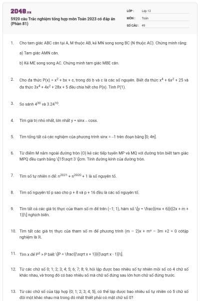 5920 câu Trắc nghiệm tổng hợp môn Toán 2023 có đáp án (Phần 81)