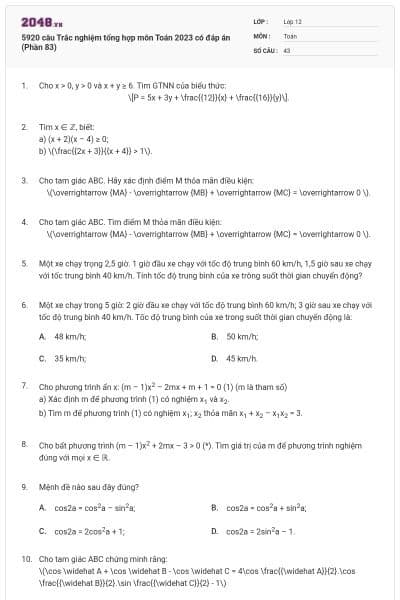 5920 câu Trắc nghiệm tổng hợp môn Toán 2023 có đáp án (Phần 83)