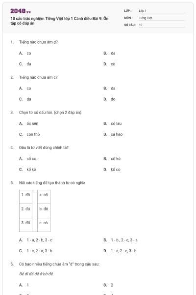10 câu trắc nghiệm Tiếng Việt lớp 1 Cánh diều Bài 9: Ôn tập có đáp án