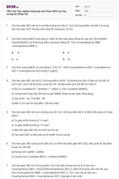 7881 câu  Trắc nghiệm tổng hợp môn Toán 2023 cực hay có đáp án (Phần 34)