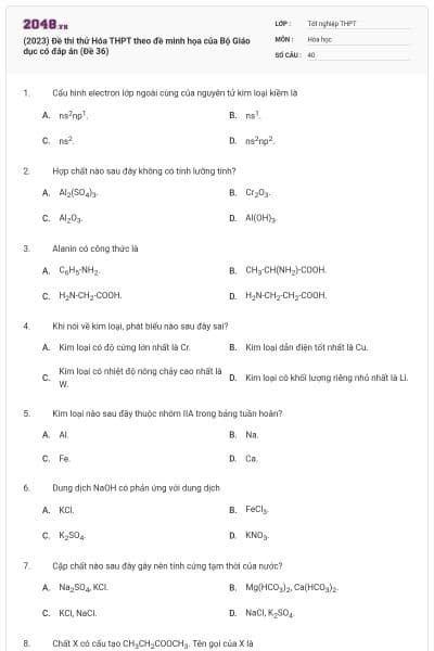 (2023) Đề thi thử Hóa THPT theo đề minh họa của Bộ Giáo dục có đáp án (Đề 36)