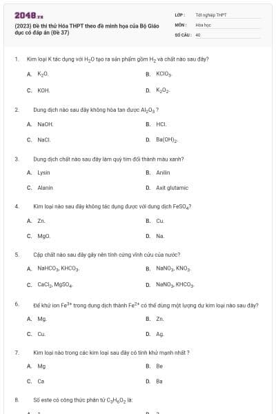 (2023) Đề thi thử Hóa THPT theo đề minh họa của Bộ Giáo dục có đáp án (Đề 37)