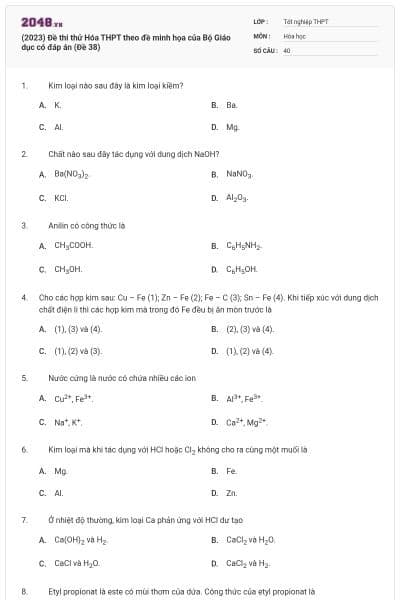 (2023) Đề thi thử Hóa THPT theo đề minh họa của Bộ Giáo dục có đáp án (Đề 38)