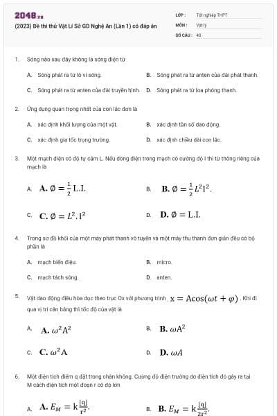 (2023) Đề thi thử Vật Lí Sở GD Nghệ An (Lần 1) có đáp án