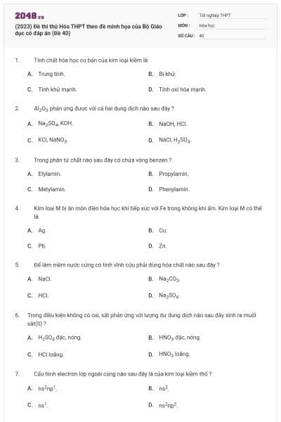 (2023) Đề thi thử Hóa THPT theo đề minh họa của Bộ Giáo dục có đáp án (Đề 40)