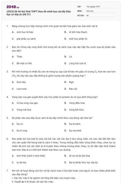 (2023) Đề thi thử Sinh THPT theo đề minh họa của Bộ Giáo dục có đáp án (Đề 31)