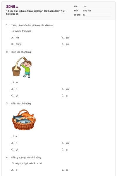 10 câu trắc nghiệm Tiếng Việt lớp 1 Cánh diều Bài 17: gi - k có đáp án
