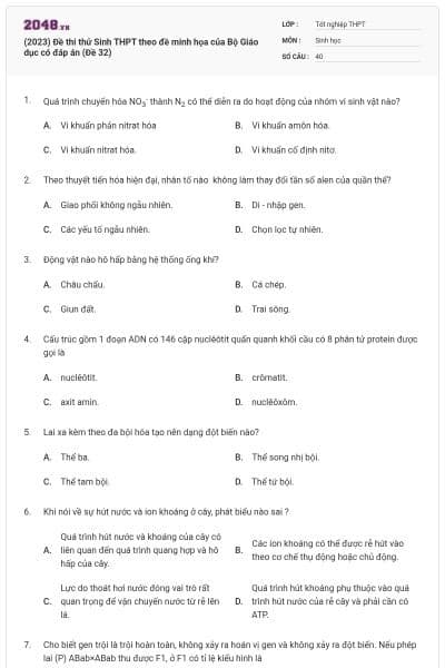 (2023) Đề thi thử Sinh THPT theo đề minh họa của Bộ Giáo dục có đáp án (Đề 32)