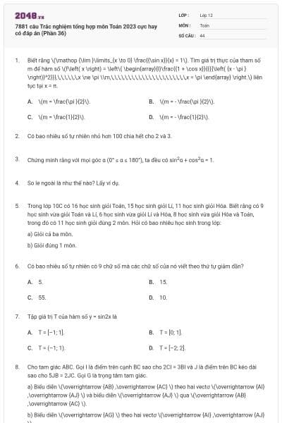 7881 câu  Trắc nghiệm tổng hợp môn Toán 2023 cực hay có đáp án (Phần 36)