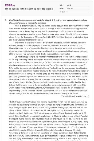 500 bài Đọc hiểu ôn thi Tiếng anh lớp 12 có đáp án (Đề 2)