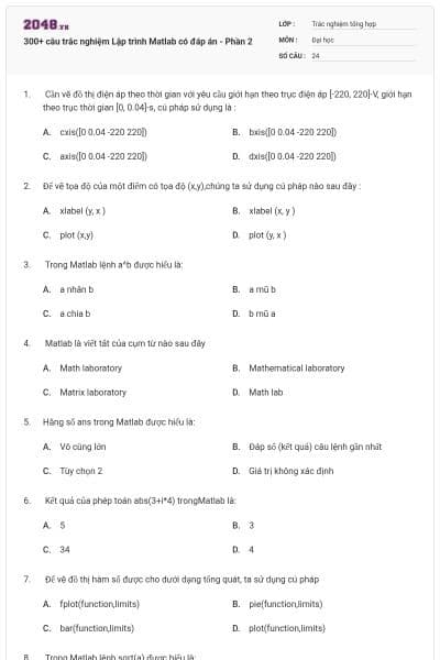 300+ câu trắc nghiệm Lập trình Matlab có đáp án - Phần 2