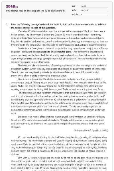 500 bài Đọc hiểu ôn thi Tiếng anh lớp 12 có đáp án (Đề 4)