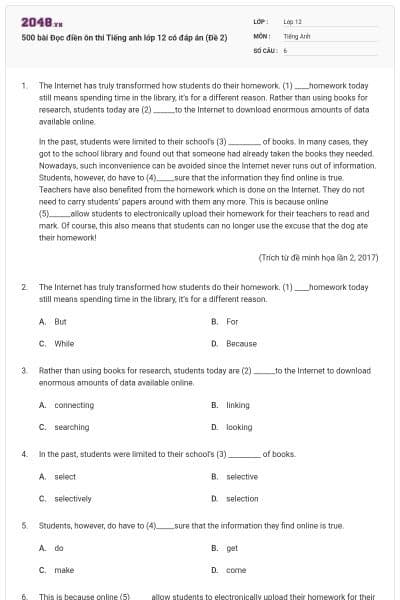 500 bài Đọc điền ôn thi Tiếng anh lớp 12 có đáp án (Đề 2)