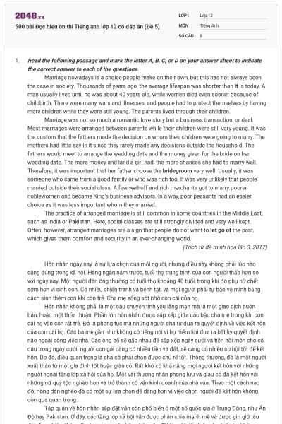 500 bài Đọc hiểu ôn thi Tiếng anh lớp 12 có đáp án (Đề 5)