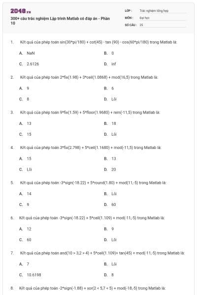 300+ câu trắc nghiệm Lập trình Matlab có đáp án - Phần 10