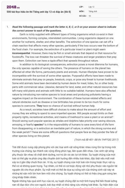 500 bài Đọc hiểu ôn thi Tiếng anh lớp 12 có đáp án (Đề 8)