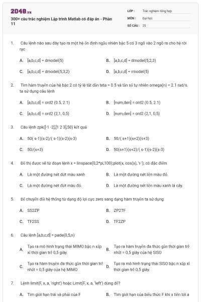 300+ câu trắc nghiệm Lập trình Matlab có đáp án - Phần 11