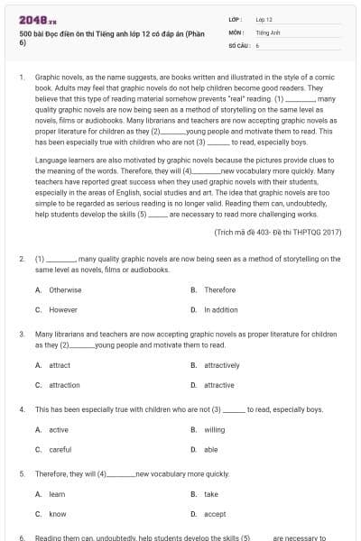 500 bài Đọc điền ôn thi Tiếng anh lớp 12 có đáp án (Phần 6)