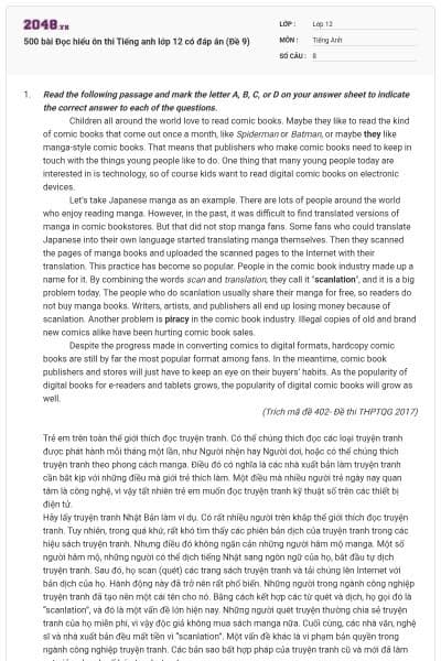 500 bài Đọc hiểu ôn thi Tiếng anh lớp 12 có đáp án (Đề 9)