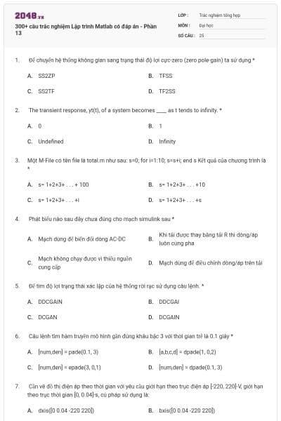 300+ câu trắc nghiệm Lập trình Matlab có đáp án - Phần 13