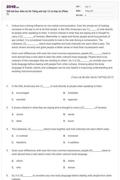 500 bài Đọc điền ôn thi Tiếng anh lớp 12 có đáp án (Phần 7)