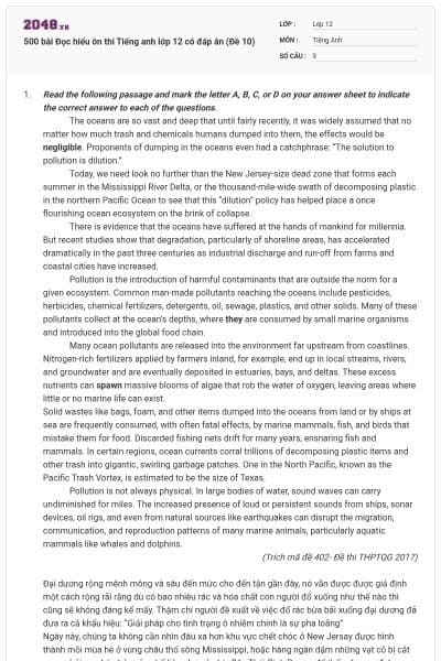 500 bài Đọc hiểu ôn thi Tiếng anh lớp 12 có đáp án (Đề 10)