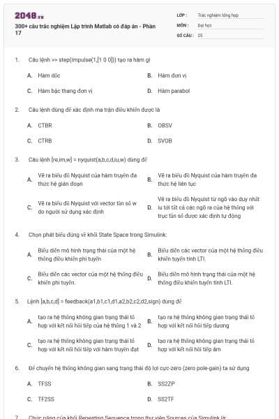 300+ câu trắc nghiệm Lập trình Matlab có đáp án - Phần 17