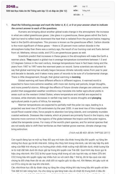 500 bài Đọc hiểu ôn thi Tiếng anh lớp 12 có đáp án (Đề 12)