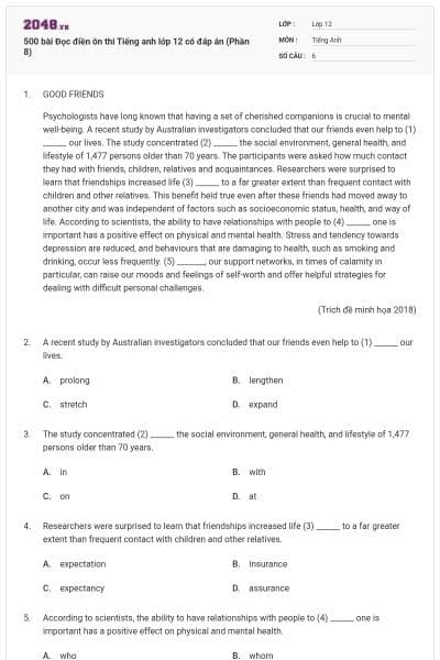 500 bài Đọc điền ôn thi Tiếng anh lớp 12 có đáp án (Phần 8)