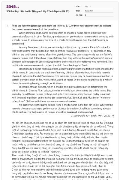 500 bài Đọc hiểu ôn thi Tiếng anh lớp 12 có đáp án (Đề 13)