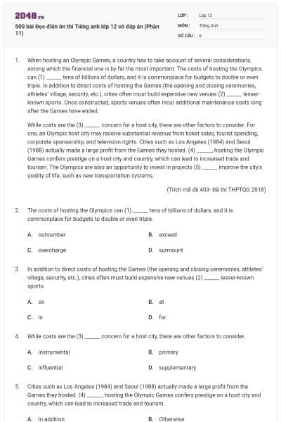 500 bài Đọc điền ôn thi Tiếng anh lớp 12 có đáp án (Phần 11)