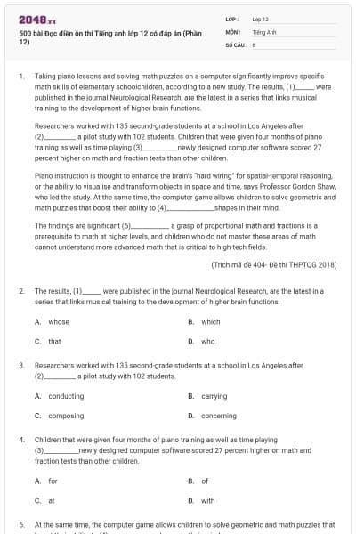 500 bài Đọc điền ôn thi Tiếng anh lớp 12 có đáp án (Phần 12)