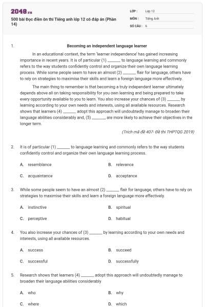 500 bài Đọc điền ôn thi Tiếng anh lớp 12 có đáp án (Phần 14)