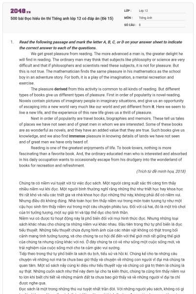 500 bài Đọc hiểu ôn thi Tiếng anh lớp 12 có đáp án (Đề 15)