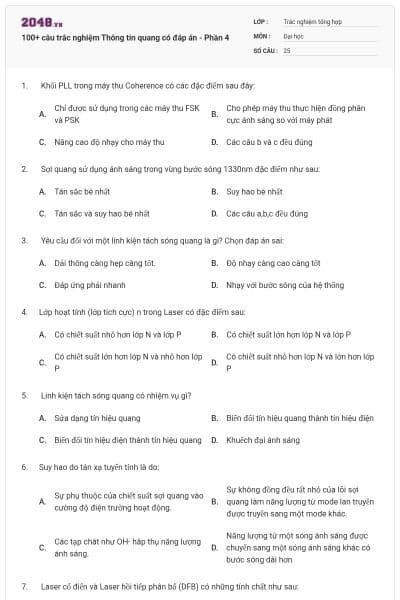 100+ câu trắc nghiệm Thông tin quang có đáp án - Phần 4