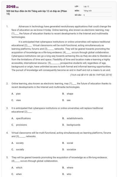 500 bài Đọc điền ôn thi Tiếng anh lớp 12 có đáp án (Phần 15)