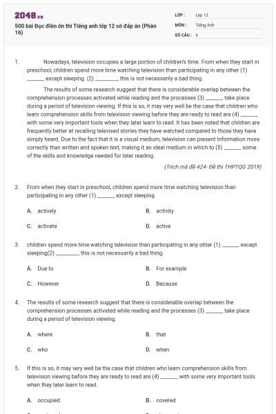 500 bài Đọc điền ôn thi Tiếng anh lớp 12 có đáp án (Phần 16)